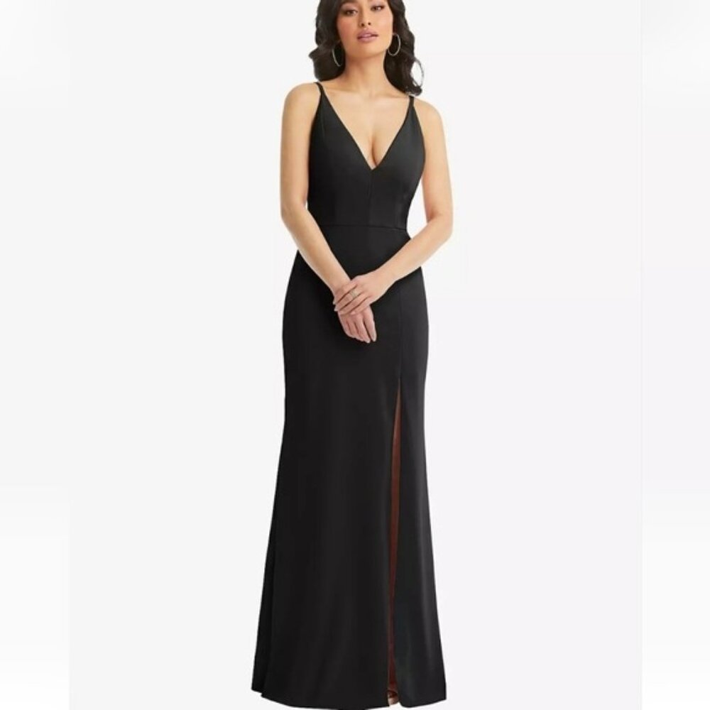 Thread Skinny Strap Deep V-Neck Crepe Trumpet Gown Front Slit Size 8 New Black